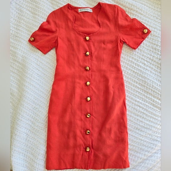 Vintage Adele Simpson Orange Linen Dress | Gold Button Sheath - Picture 2 of 11